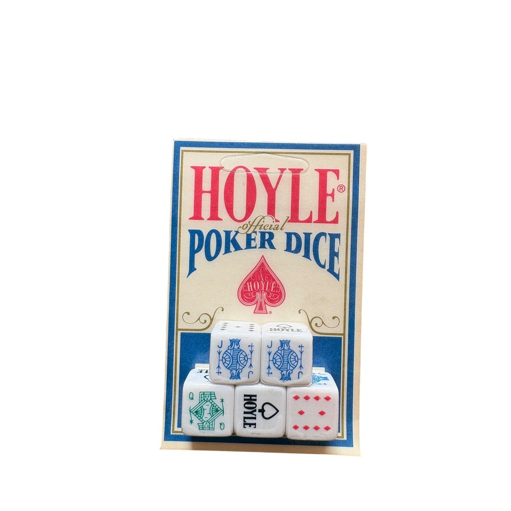 Vintage 1992 Hoyle Official Poker Dice Set Five Dice White Plastic Retro Game
